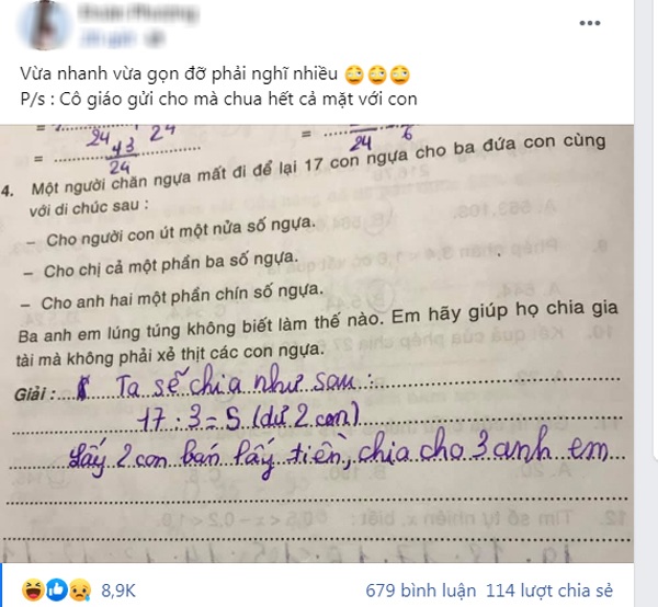 Bài toán amp;#34;Chia 17 con ngựa cho 3 ngườiamp;#34;, lời giải khiến mẹ amp;#34;chua mặtamp;#34; còn CĐM ôm bụng cười - 1