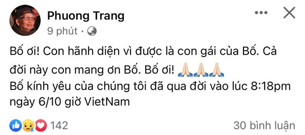 Em gái nghệ sĩ Hoài Linh vừa chia sẻ tin buồn bố đã qua đời tại Mỹ vì tuổi cao sức yếu.