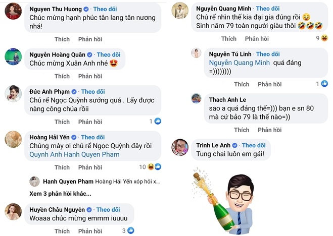 Bạn bè, trong đó có nhiều người nổi tiếng, MC nhà đài hào hứng khi chú rể của Xuân Anh chính thức lộ diện.