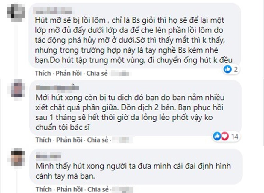 Một số khác kinh nghiệm hơn đã suy đoán ra rằng do tay nghề bác sĩ kém, kĩ thuật hút không đúng. Hay mới hút xong chưa kịp phục hồi và việc băng bó chưa chính xác.