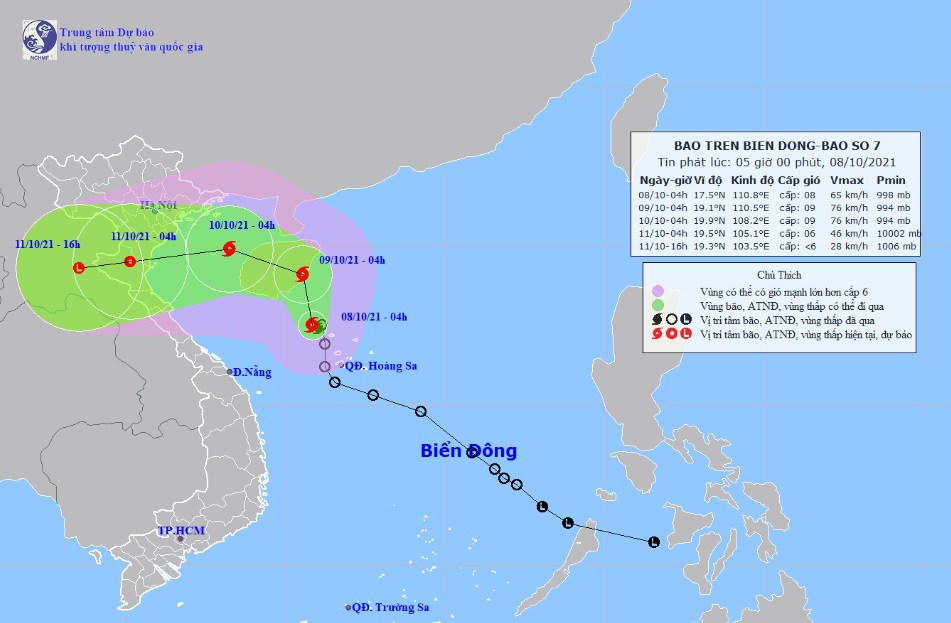 Vị trí và hướng di chuyển tiếp theo của bão số 7 Lionrock. Ảnh: Trung tâm Dự báo KTTVQG.