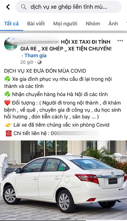 Dịch vụ xe ghép đưa đón người từ quê lên Hà Nội nở rộ trên các diễn đàn mạng xã hội. (Ảnh chụp màn hình)
