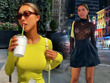 Đi tránh dịch ở Mỹ, nàng hậu xuống phố New York với chiếc áo lấp ló silicone