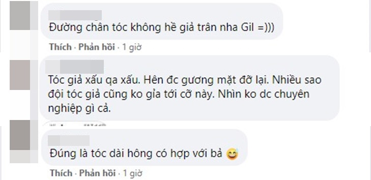 Tuy nhiên, vấn đề lớn nhất có lẽ chính nằm ở mái tóc giả rất giả trân của Gil Lê. Màu tóc sáng rực vẫn rất thời trang, chỉ có chút lấn cấn ở phần chân tóc. Có người còn chỉ trích, Gil Lê đội tóc kém chuyên nghiệp.