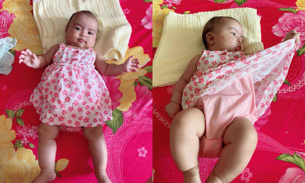 Võ Hạ Trâm cho biết con gái 3 tháng tuổi đã mặc vừa thiết kế của em bé 6 tháng. Hiện bé Moon nặng 6,4 kg. Con đã biết đòi ba mẹ, cười nói nhiều hơn, cổ cứng cáp và được mẹ cho tập đứng, nữ ca sĩ khoe.