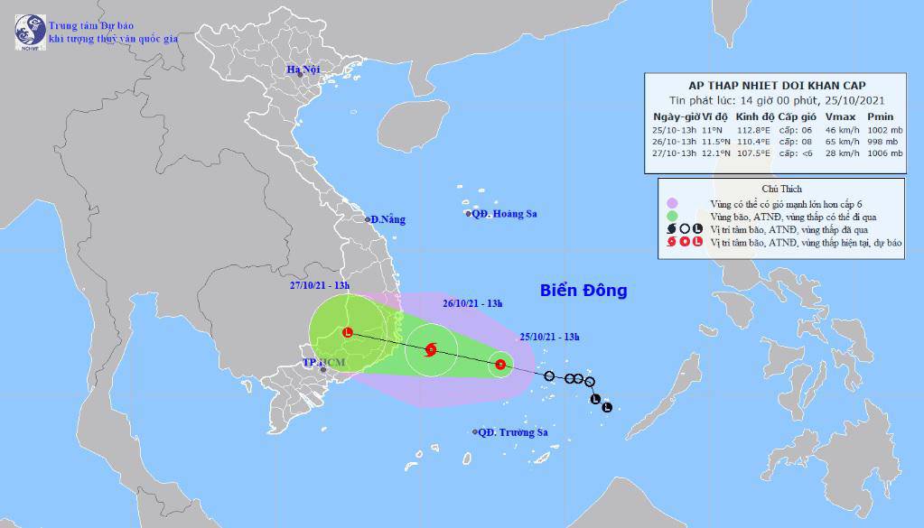 Vị trí và hướng di chuyển tiếp theo của áp thấp nhiệt đới. Ảnh: Trung tâm Dự báo KTTVQG. Miền Trung liên tục hứng các đợt mưa lớn