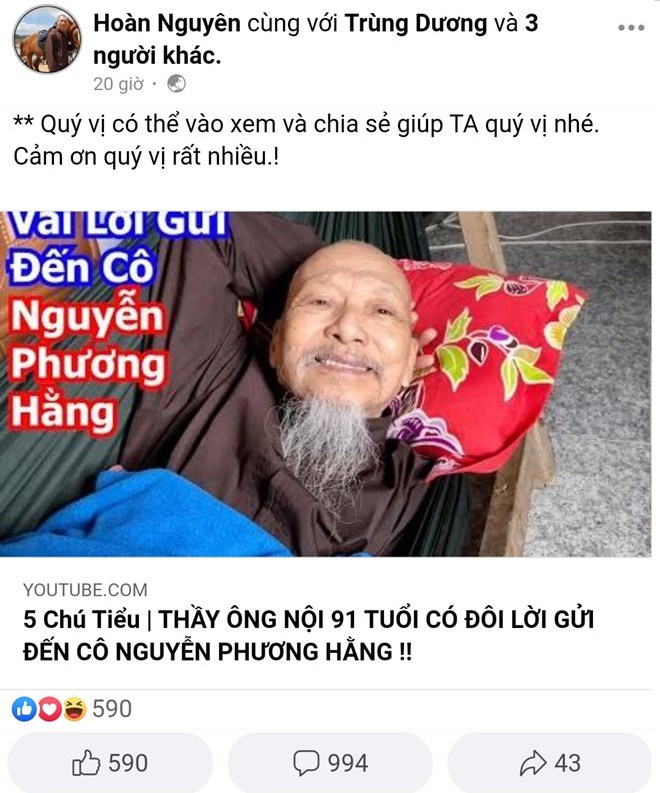 Hoàn Nguyên chia sẻ video Thầy ông nội gửi lời đến bà Phương Hằng.