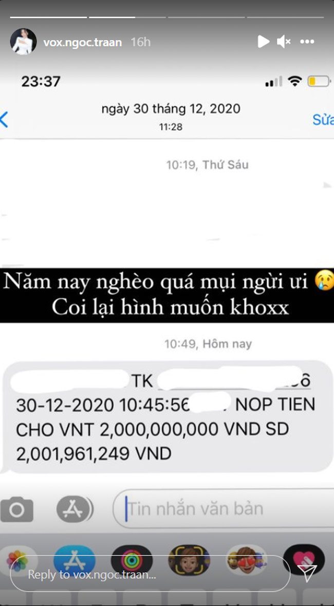 Võ Ngọc Trân khoe số dư tài khoản khủng ở tuổi 21.