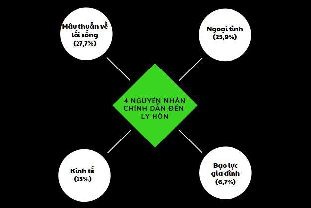  4 nguyên nhân lớn thường được các cặp vợ chồng đề cập khi lý giải cho quyết định ly hôn (Theo kết quả điều tra gia đình của Bộ Văn hóa, Thể thao và Du lịch năm 2006).