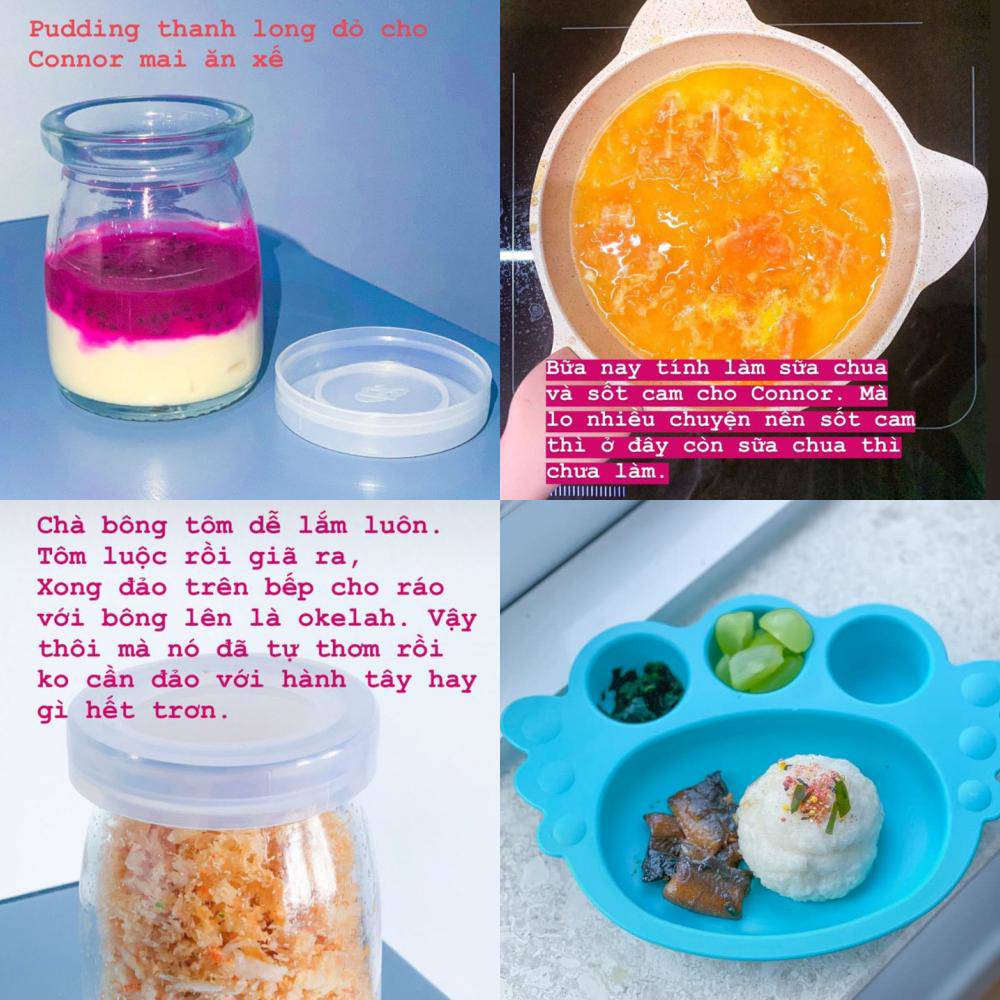 Bà mẹ 9X tự tay chuẩn bị cho con trai những bữa ăn ngon mắt, phong phú như ruốc tôm, ruốc cá hồi, đậu hũ non yến mạch sốt nho, sốt cherry, sốt cam, sữa chua...