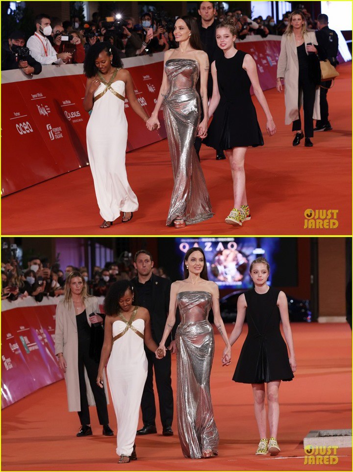 Điển hình là lần xuất hiện mới đây, Angelina Jolie sải bước thảm đỏ cuốn hút cùng thần thái sang chảnh tại LHP Rome cùng hai con gái cưng Shiloh và Zahara.