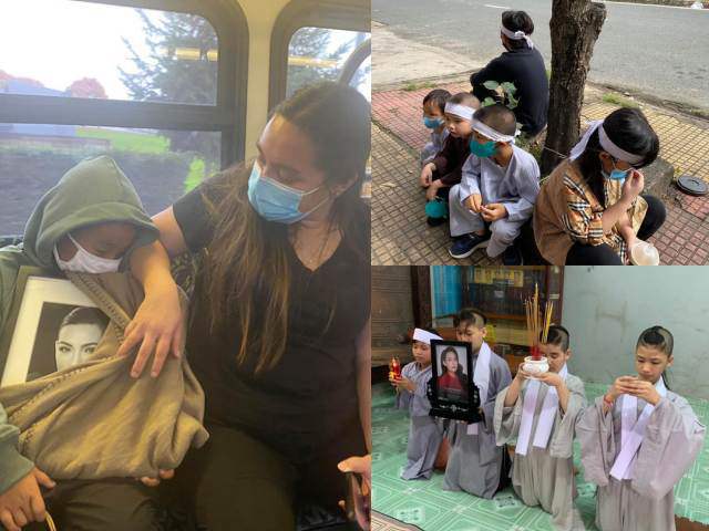 Cháu ngoại ngủ gật vẫn ôm di ảnh Phi Nhung, đàn con nuôi đeo khăn tang ngồi khóc ven đường