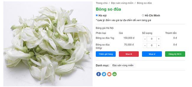 Bông so đũa được bán với mức giá 150,000 đồng/kg tại một trang thương mại điện tử
