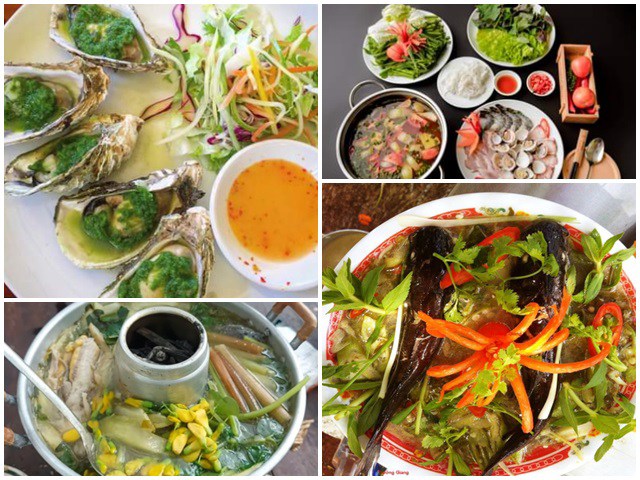 Món lá bứa sốt hải sản và lẩu hải sản lá bứa được phục vụ trong nhà hàng.