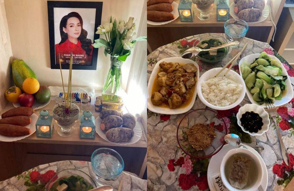 Cách đây vài ngày, em trai Phi Nhung đăng tải loạt ảnh làm lễ cúng thất thứ 6 cho chị gái. Trên mâm cơm, anh đặt nhiều món chay, đặc biệt có khoai lang - món ăn ưa thích của cố ca sĩ.