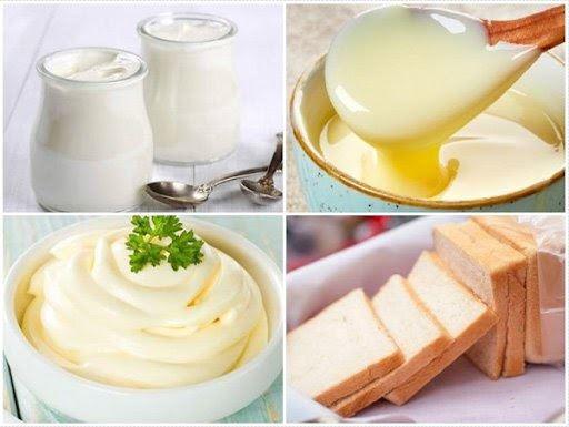 Sữa chua, sữa đặc, sốt mayonnaise và bánh mì lát là nguyên liệu làm bánh sữa chua