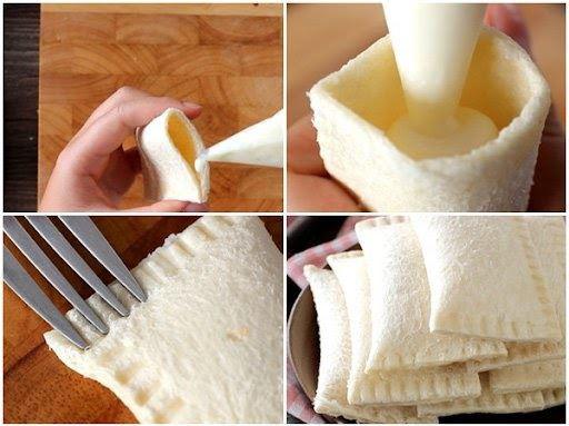 Nhồi hỗn hợp sữa chua vào vỏ bánh tạo thành một chiếc bánh hình chữ nhật căng phồng