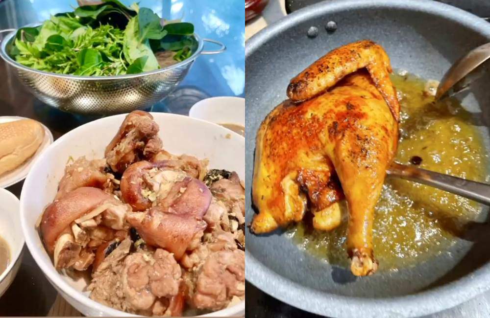 Những món ăn đòi hỏi chế biến phức tạp hơn như giả cầy, gà áp chảo... cũng không thể làm khó chồng Bảo Thy. Nữ ca sĩ tự nhận thua ông xã về khoản nấu nướng.