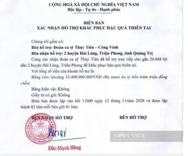Ông Đào Mạnh Hùng - Chủ tịch UBMTTQVN tỉnh Quảng Trị xác nhận đoàn ca sĩ Thủy Tiền hỗ trợ số tiền khoảng 33 tỷ 400 triệu đồng cho gần 20.048 hộ dân. Ảnh: N.V