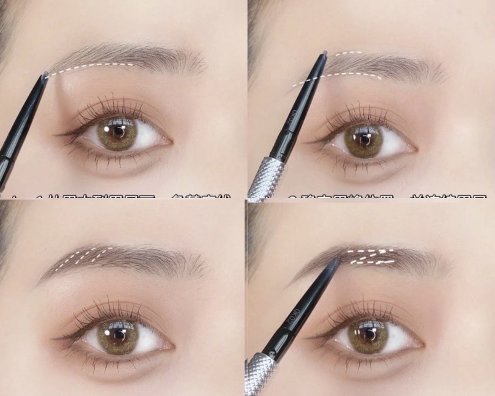 Đầu tiên kẻ một đường nhẹ từ giữa chân mày đến cuối chân mày ở hàng dưới, nối đỉnh chân mày với đuôi chân mày. Sau đó vẽ lông mày dọc theo chiều mọc của lông mày, cuối cùng kẻ sâu theo chuyển động ở giữa lông mày để hoàn thành dáng lông mày cơ bản.
