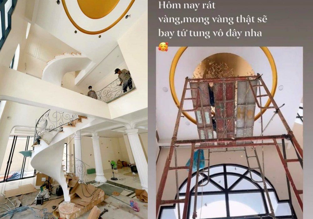 Mới đây, Lệ Quyên đăng ảnh thợ đang dát vàng trần nhà căn biệt thự của mình.