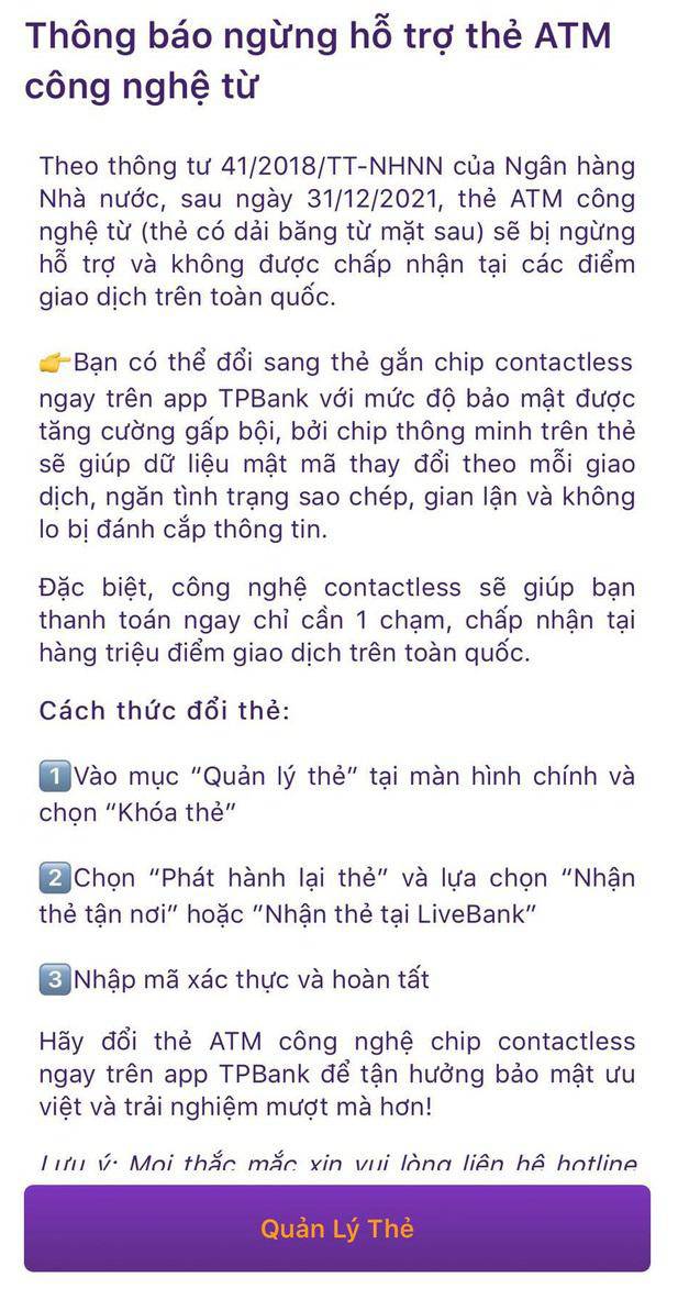 Thông báo của TP Bank gửi tới khách hàng. Ảnh chụp màn hình.