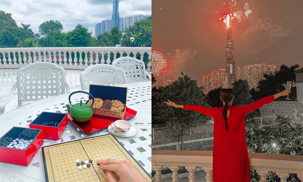 Biệt thự này gồm 3 tầng, có view nhìn ra sông và trung tâm thành phố. Lan Khuê có tấm ảnh chiêm ngưỡng pháo hoa đêm giao thừa từ ban công rất đẹp.
