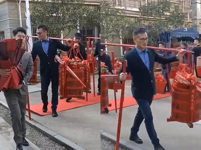 Nhà trai đem 18 quang gánh sính lễ tới đám cưới, riêng chú rể gánh hẳn 6 tỷ tiền mặt