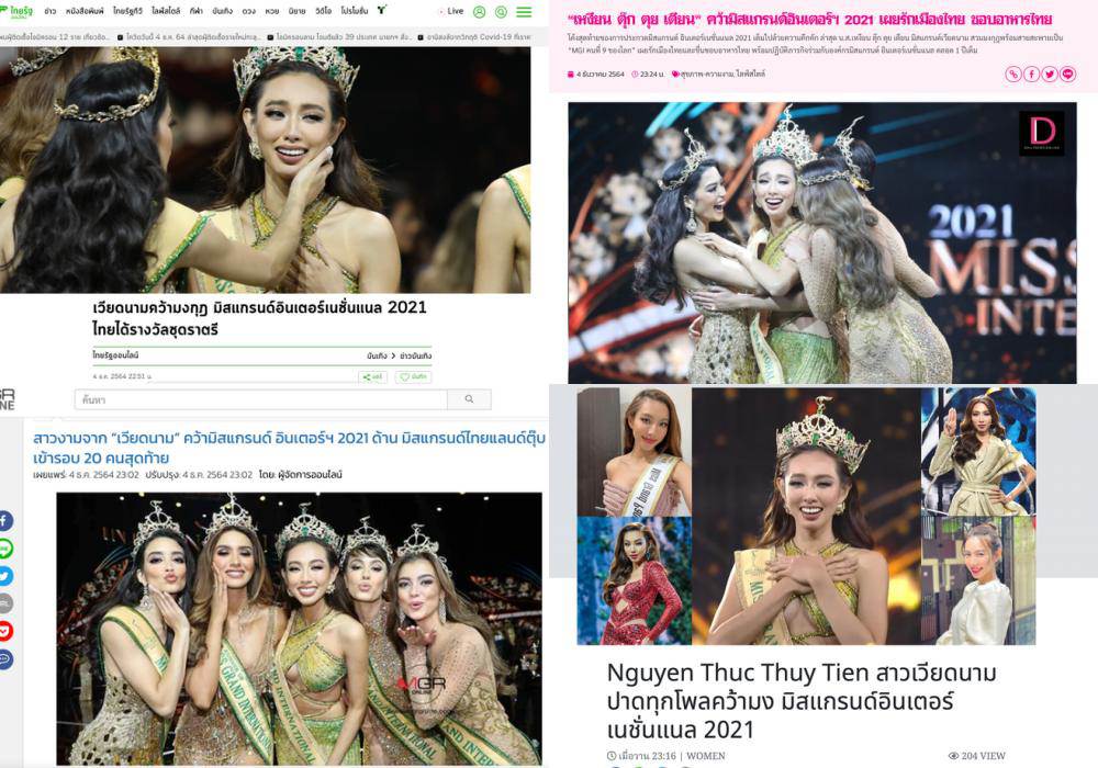 Hàng loạt trang tin của Thái Lan đều đưa tin về kết quả Thùy Tiên. Việt Nam chiến thắng vương miện Miss Grand International 2021 - Thairath liên tiếp đưa tin thông báo, Nguyễn Thúc Thùy Tiên càn quét mọi bảng xếp hạng, chiến thắng ngôi vị cao nhất tại Miss Grand International 2021 - Mthai đưa tin...
