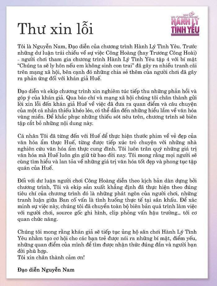 Đạo diễn chương trình là Nguyễn Nam viết thư xin lỗi, khẳng định các tình huống là thực tế.