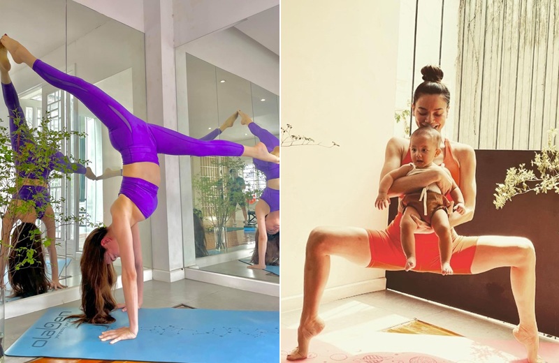 Sau sinh, cô cũng chăm chỉ tập gym và yoga để sớm về dáng. Hà Hồ là một mỹ nhân tập luyện rất bài bản, luôn có huấn luyện viên hướng dân và chú ý tập riêng từng phần cho các bộ phận trên cơ thể: chân, eo, mông.
