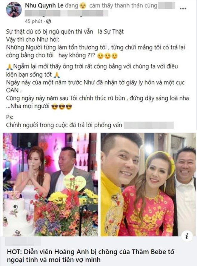 Quỳnh Như lên tiếng mỉa mai chồng cũ sau khi Hoàng Anh bị tố ngoại tình.