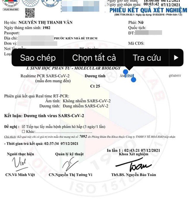 Phi Thanh Vân phát hiện dương tính với SARS-CoV-2.