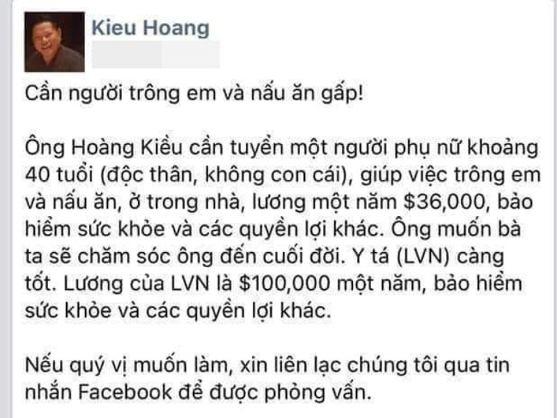 Trước đó ông lâu, ông cũng cần tuyển một người phụ nữ khoảng 40 tuổi (độc thân, không con) giúp việc trông em và nấu ăn. Ở trong nhà, lương một năm 36.000 USD, bảo hiểm sức khỏe và các quyền lợi khác.
