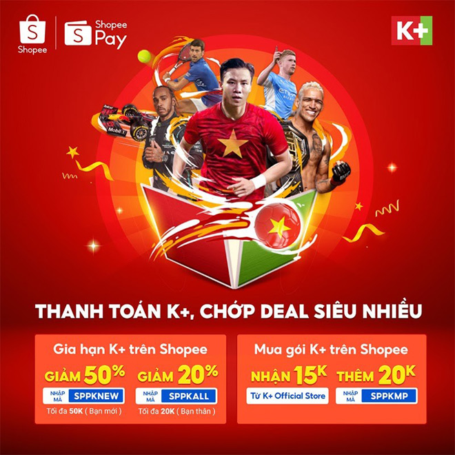 Thanh toán K+ bằng ví ShopeePay trên ứng dụng Shopee ngay để nhận được ưu đãi và dõi theo hành trình bảo vệ ngôi vô địch của đội tuyển quốc gia tại AFF Cup