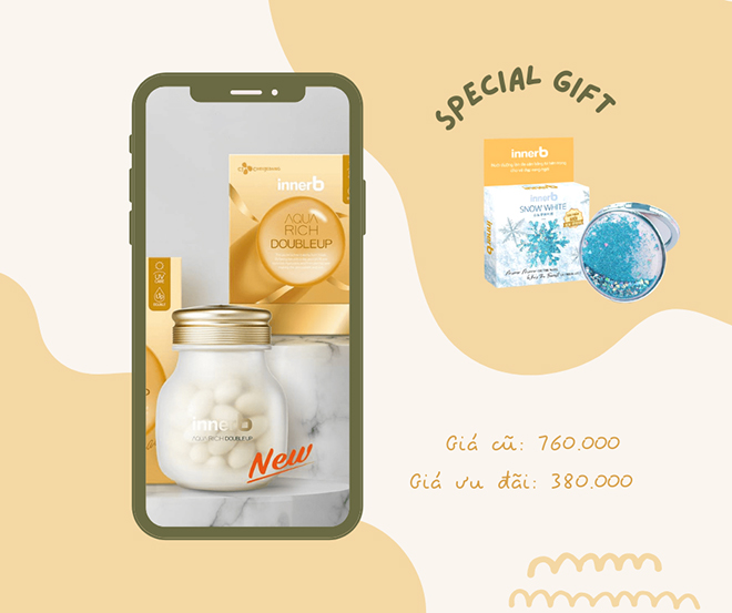 Mua thực phẩm bảo vệ sức khỏe INNERB AQUA RICH DOUBLEUP lọ 56 viên từ Shopee giúp bạn tiết kiệm đến 50% chi phí so với thông thường và cộng thêm quà tặng đi kèm là gương Snow White InnerB.