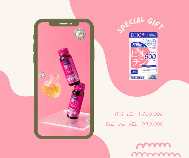 Collagen dạng nước DHC Nhật Bản làm đẹp và trẻ hóa da bổ sung vitamin C thực phẩm chức năng hộp 10 lọ TM-DHC-CB7 hiện giảm chỉ còn 999.000 đồng và được tặng kèm gói 30 viên uống Biotin DHC Nhật Bản dưỡng tóc, da và móng khi mua trên Shopee.