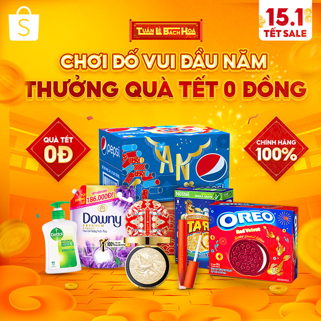 Bên cạnh loạt sản phẩm hàng tiêu dùng chính hãng giảm giá đến 50%, các bộ sưu tập đồng giá 1K và 9K hấp dẫn, chương trình còn tạo nên trò chơi “Đố vui ngày Tết” nhằm giúp người dùng có cơ hội nhận hộp quà Tết 0 đồng đến từ các thương hiệu Nestlé, Dettol, Downy, Pepsi, Oreo và Perfect Diary. 