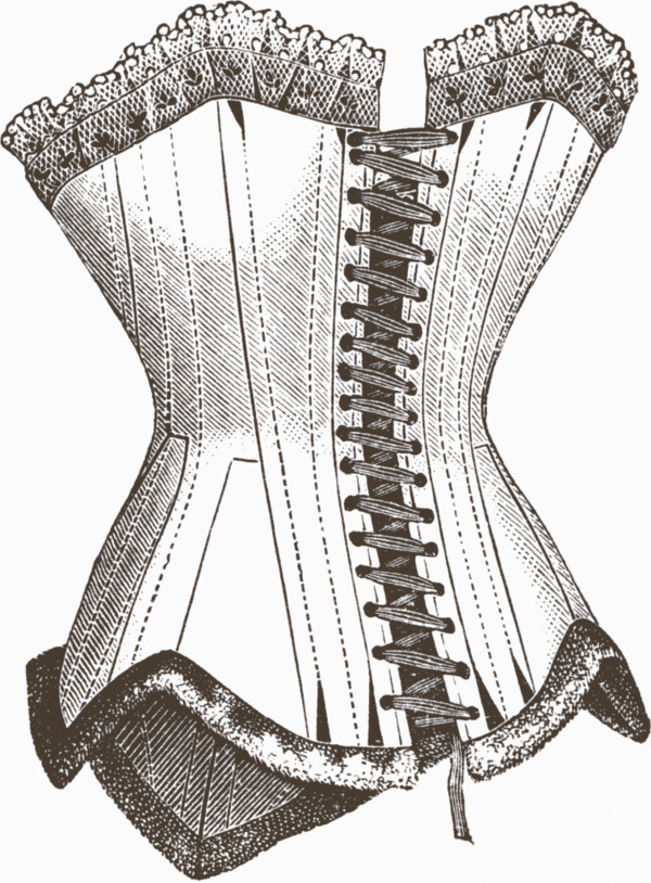 Thiết kế của áo Corset ngày xưa. Phần dây đeo được làm bằng dây thừng, giống như giây dày bây giờ, chất liệu khá thô và cứng, siết chặt gây cảm giác khó chịu cho người mặc.