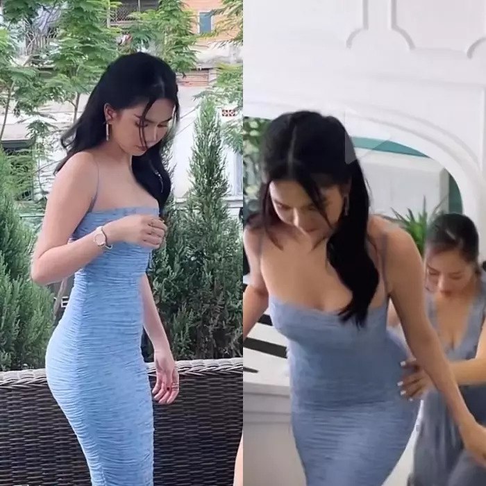 Dù không phải nhảy từng bước lên cầu thang như Kim Kardashian nhưng Ngọc Trinh phải nhờ người bạn đỡ phía sau để tránh té ngã. 