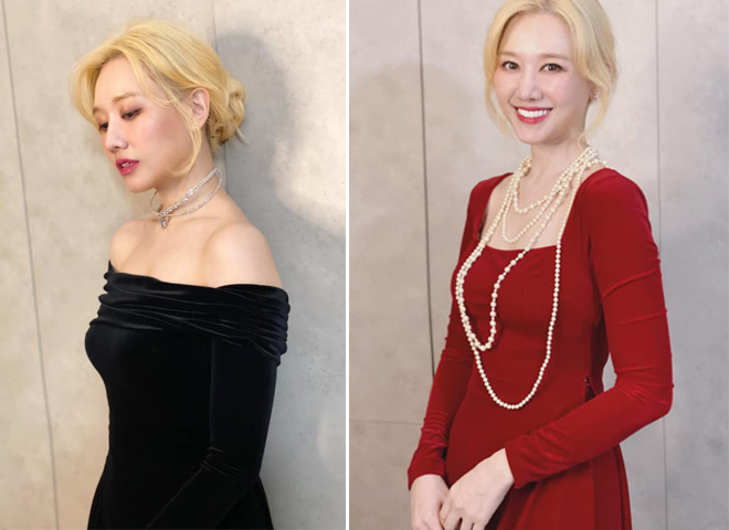 Những chiếc đầm dạ hội ôm sát cơ thể giúp Hari won khoe trọn đường cong dù đã ngấp nghé U40. Cô nàng khéo léo kết hợp thêm phụ kiện giúp bộ trang phục thêm phần kiêu sa.