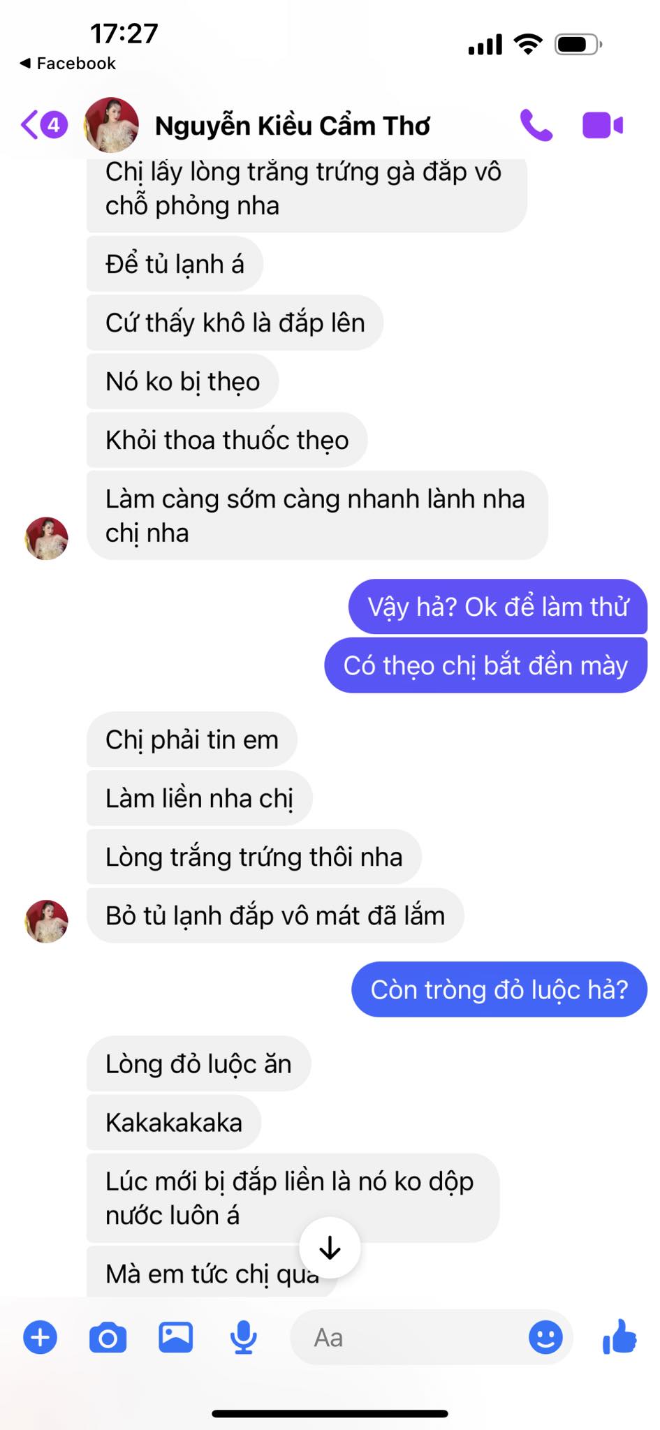 Bà xã Tiến Luật chia sẻ đoạn tin nhắn bày mẹo chữa bỏng của Puka.