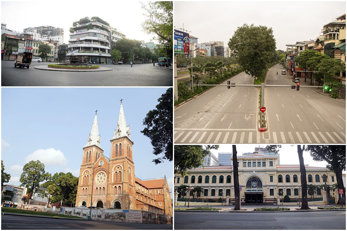 Những hình ảnh không một bóng người ở các địa điểm nổi tiếng ở Hà Nội và TP.HCM những ngày giãn cách toàn xã hội, đường phố vắng lặng như Tết
