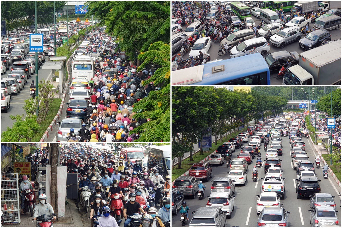 Đặc sản tắc đường quay trở lại ở TP.HCM. Từng đoàn xe nối dài, dòng người tràn lên cả vỉa hè, các ngã rẽ kẹt cứng, có khi đứng yên cả tiếng trên đường vào giờ cao điểm hay những lúc trời mưa