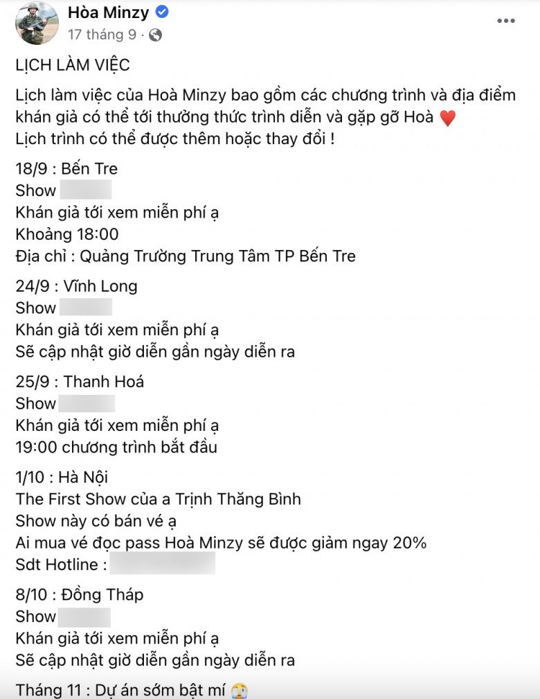 Lịch diễn của Hòa Minzy được cập nhật và thêm mới liên tục.