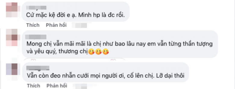 Người này nhận ra, cô vẫn còn đeo nhẫn ở ngón áp út. Đồng thời, tài khoản này còn động viên quý cô cố gắng vượt qua mọi thị phi.