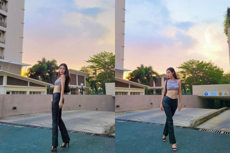 Diện thiết kế áo croptop ngắn với chiều dài vừa chạm đến chân ngực, cô kết hợp với quần da ôm sát dáng cạp trễ để tạo nên cây đồ nửa kín nửa hở. Khổng Tú Quỳnh còn phối thêm với đôi sandal cao gót màu đen và túi xách tone sur tone.