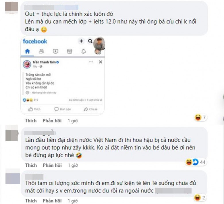 Netizen cho hay, chưa bao giờ có một đại diện Việt Nam nào mang màu cờ sắc áo nước mình đi thi mà lại bị mong out top đến như vậy. Người hâm mộ đánh giá cao trí tuệ và trình độ IELTS thẳng thắn nhận xét, cô nàng chưa đủ trình độ của một hoa hậu.