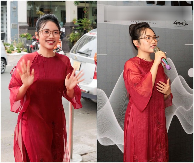 Phương Mỹ Chi chọn sắc đỏ trầm hút mắt, phối cùng tay áo xoè tạo sự thướt tha chứ không đi cùng những chi tiết rườm rà.