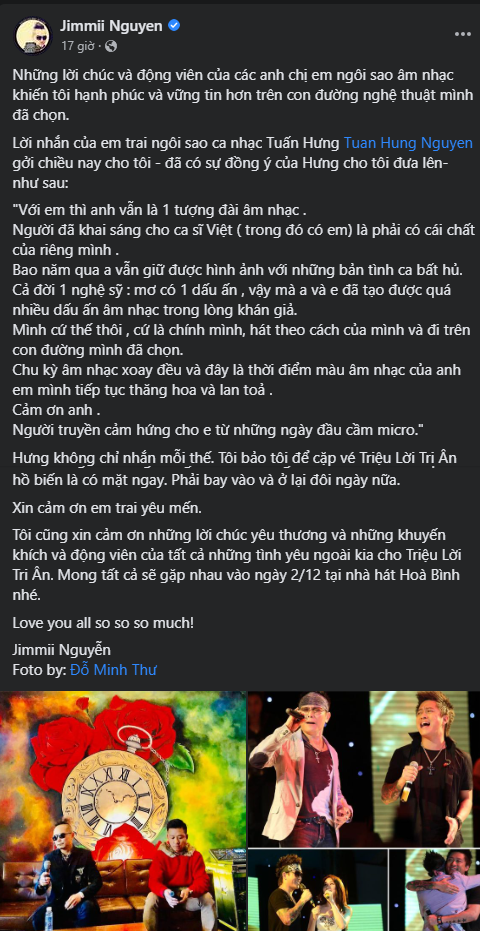 Những lời nhắn nhủ chân thành và cảm động của Tuấn Hưng được Jimmii Nguyễn chia sẻ trên Facebook cá nhân